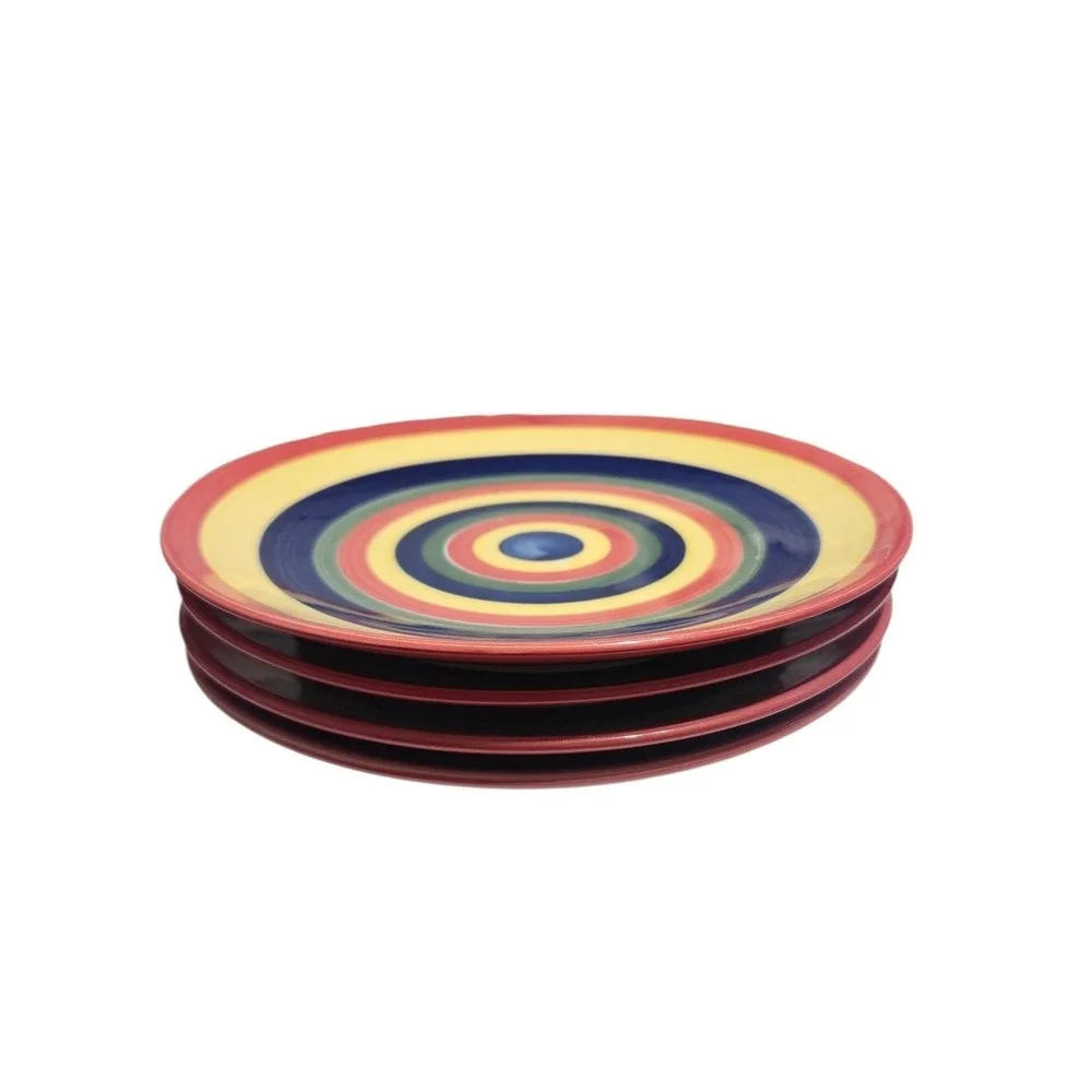 Set of 4 Swirl Hand‎ Painted Collection 9in Salad Plates Multi Color Rings Retro